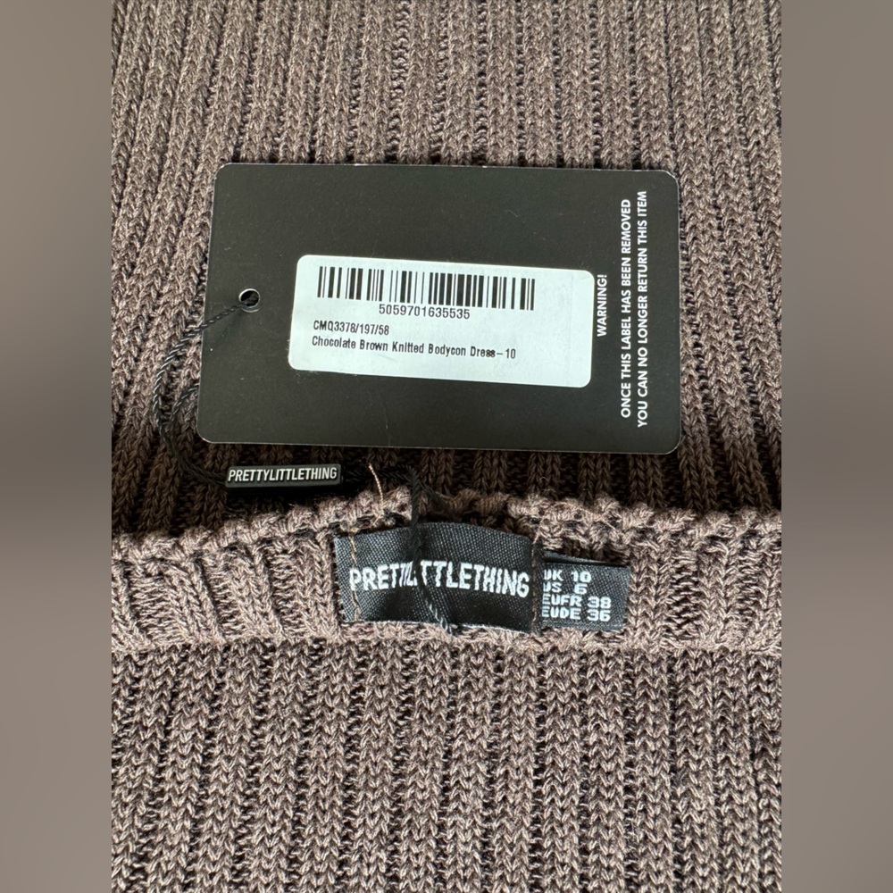 NWT - PrettyLittleThing - Chocolate Brown Knitted Bodycon Dress - US 6 | UK 10 - Picture 6 of 7
